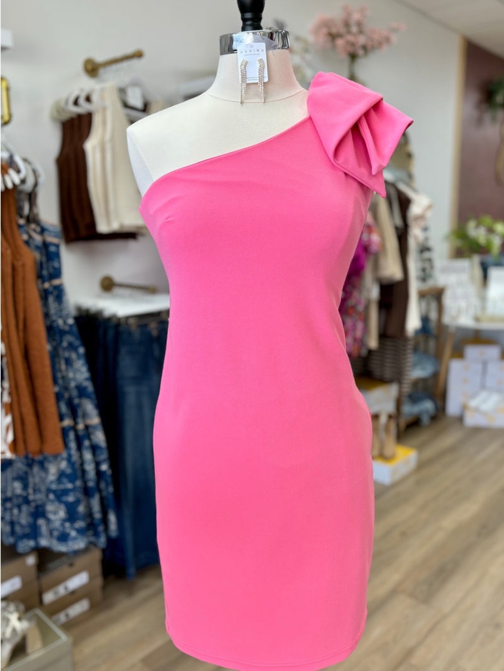 She + Sky One-Shoulder Bow Detail Dress in Hot Pink